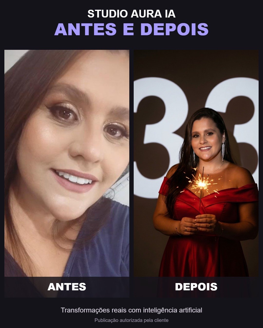 Antes e depois de ensaio de aniversário de 33 anos