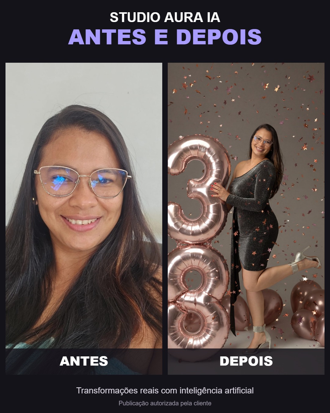 Antes e depois de ensaio de aniversário de 38 anos