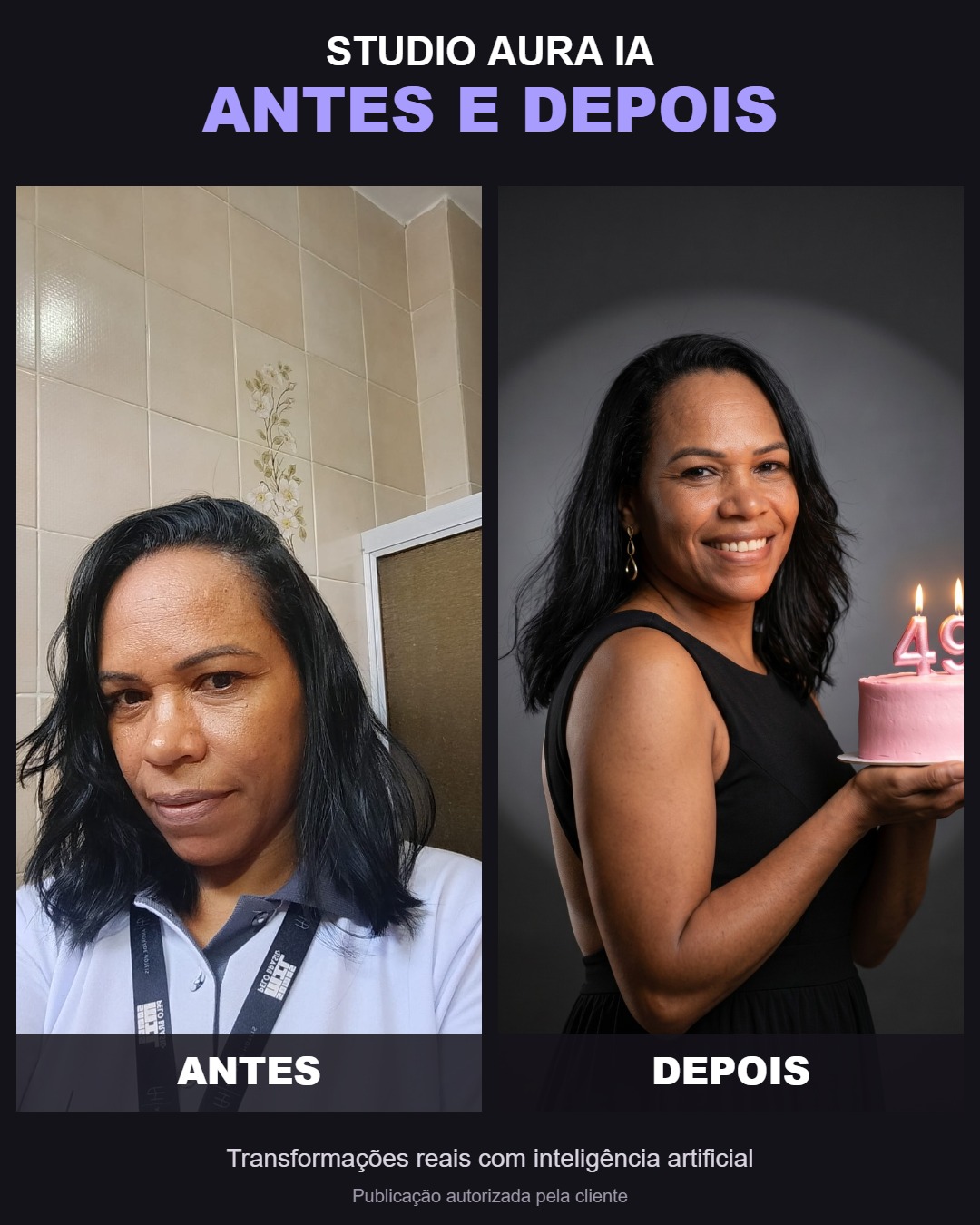 Antes e depois de ensaio de aniversário de 49 anos